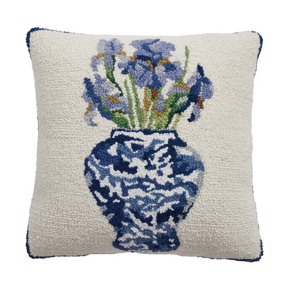 Chinoiserie Irises by Sally Eckman Roberts 16" Square Hooked Wool Throw Pillow