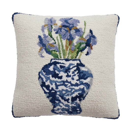 Chinoiserie Irises by Sally Eckman Roberts 16" Square Hooked Wool Throw Pillow