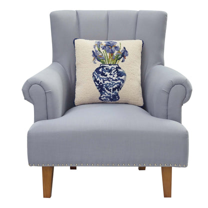 Chinoiserie Irises by Sally Eckman Roberts 16" Square Hooked Wool Throw Pillow
