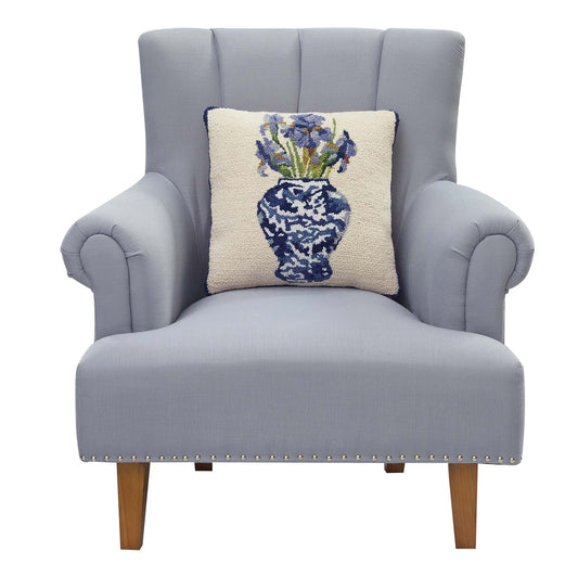 Chinoiserie Irises by Sally Eckman Roberts 16" Square Hooked Wool Throw Pillow