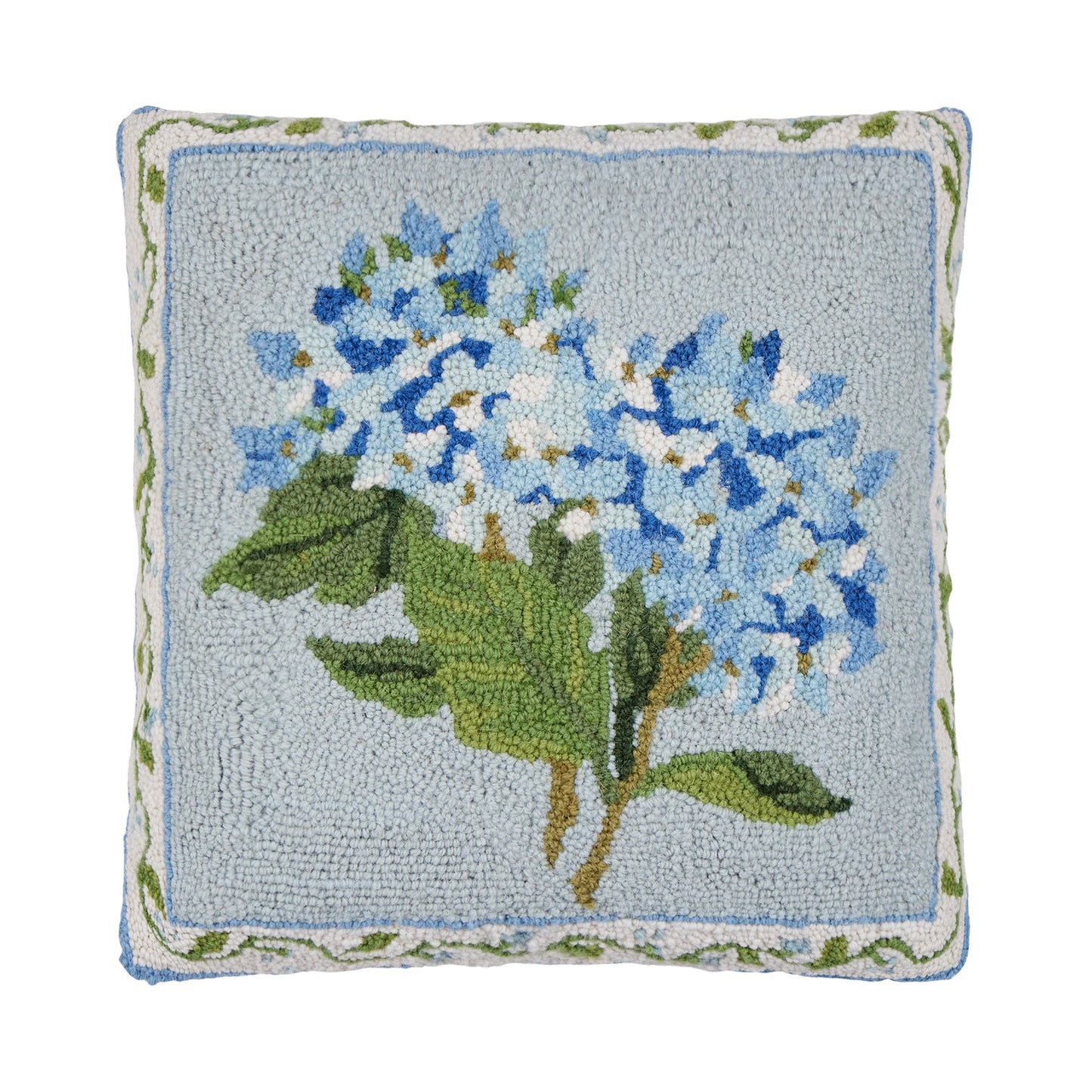 Blue Hydrangea 18" Square Hooked Wool Throw Pillow, Artwork by Sally Eckman Roberts