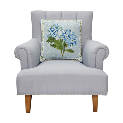 Blue Hydrangea 18" Square Hooked Wool Throw Pillow, Artwork by Sally Eckman Roberts