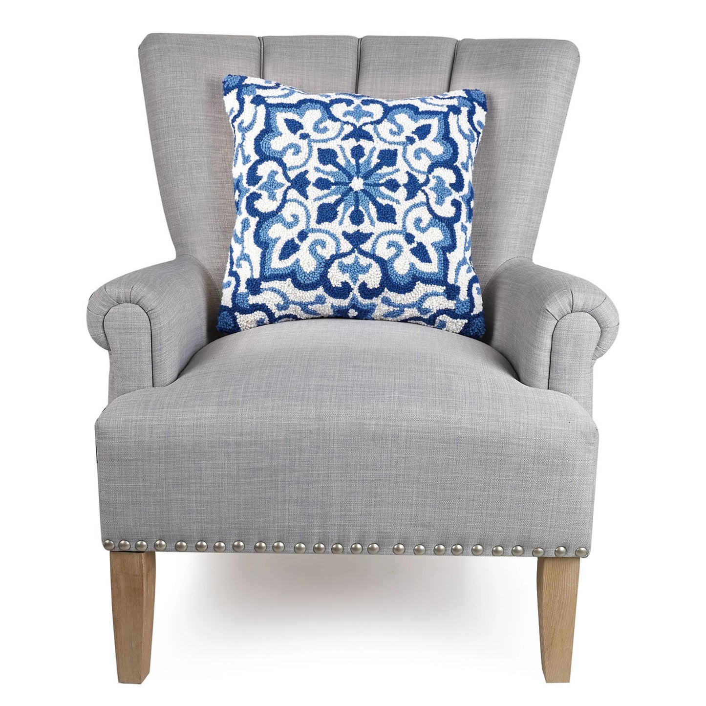 Blue Medallion 18" Square Hooked Wool Throw Pillow, Blue/White