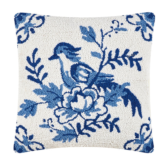 Bluebird 18" Square Hooked Wool Throw Pillow with Polyfill Insert