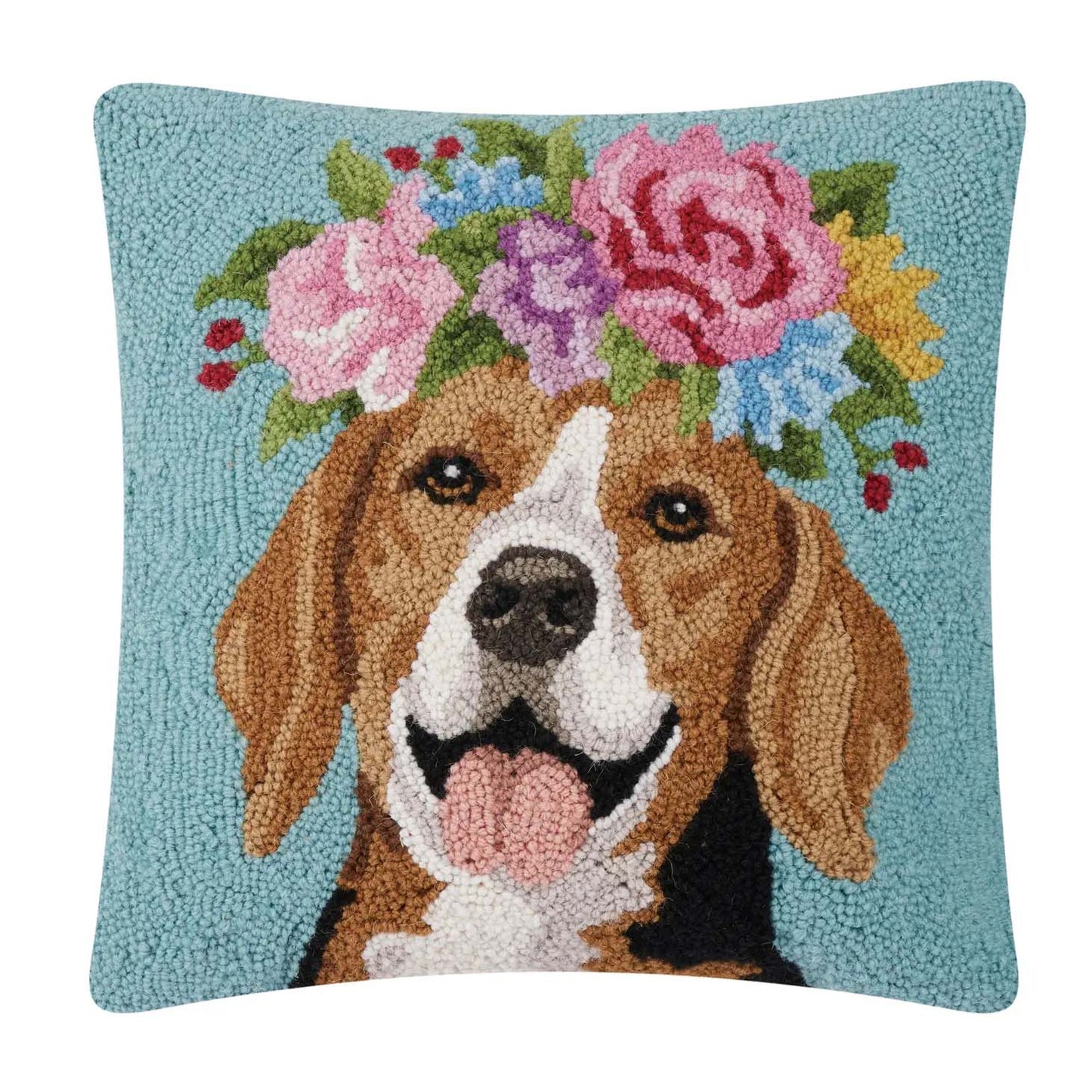 Floral Beagle 18" Square Hooked Wool Throw Pillow
