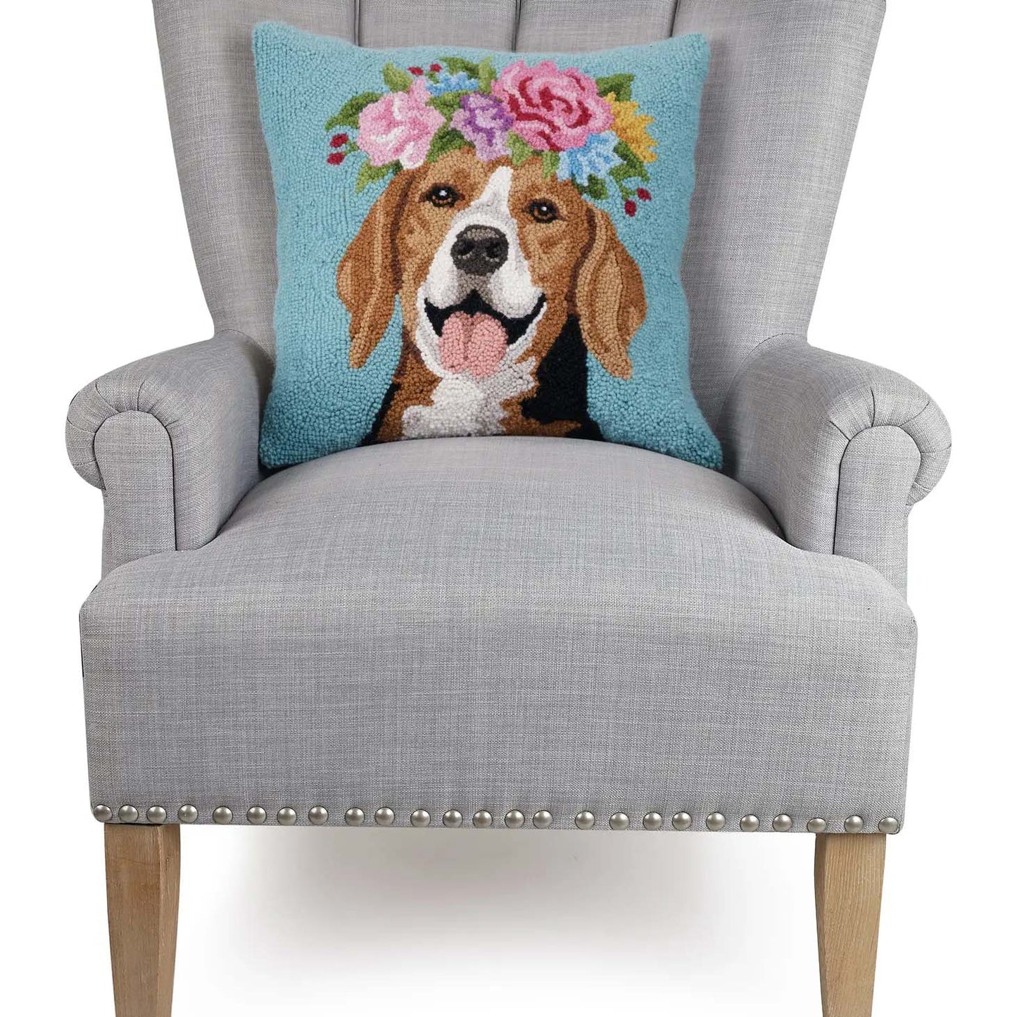 Floral Beagle 18" Square Hooked Wool Throw Pillow