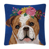 Floral Bulldog 18" Square Hooked Wool Throw Pillow