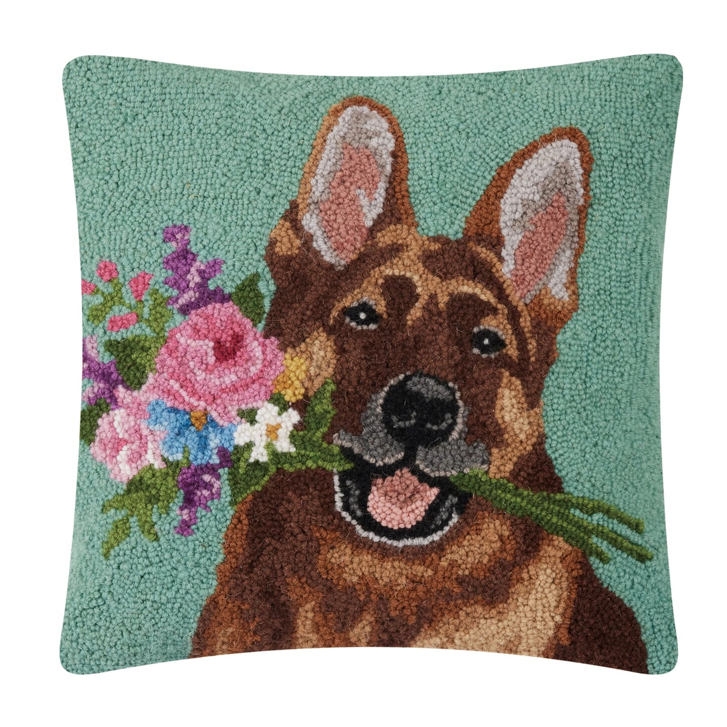 Floral German Shepherd 18" Square Hooked Wool Throw Pillow