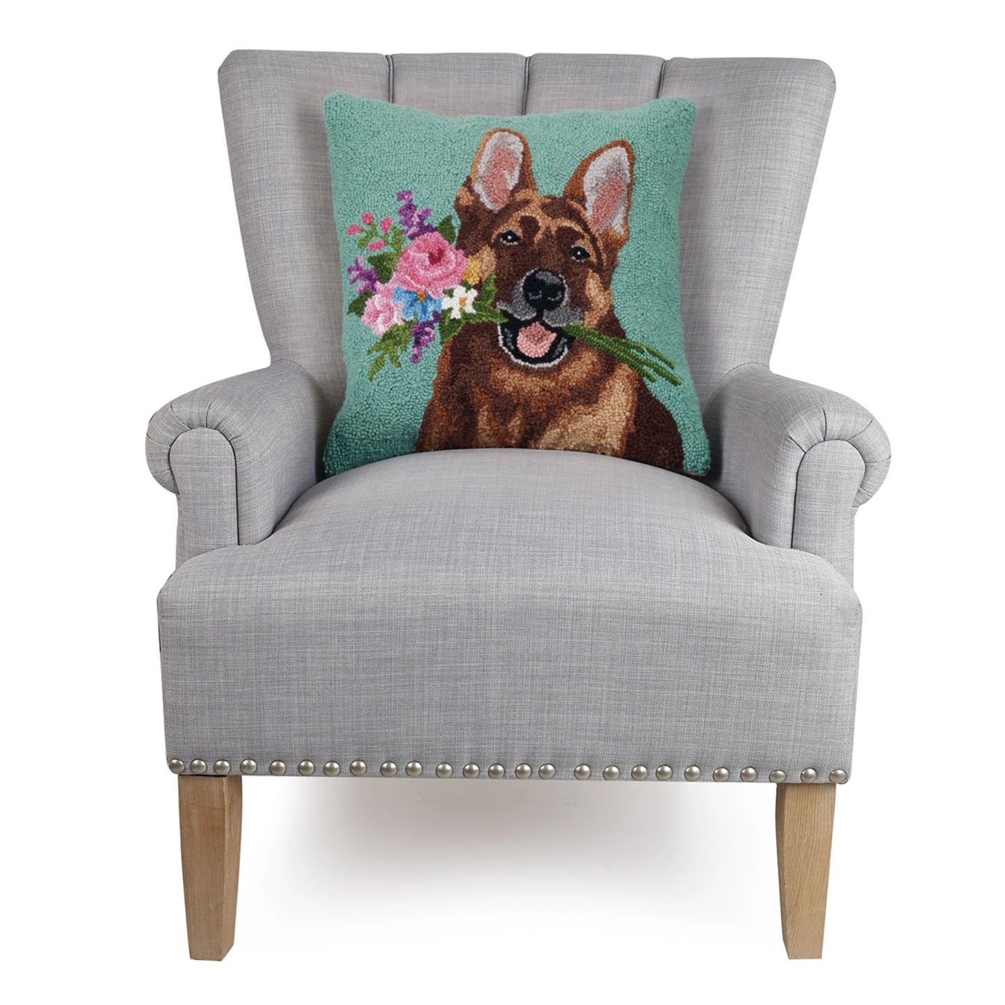 Floral German Shepherd 18" Square Hooked Wool Throw Pillow