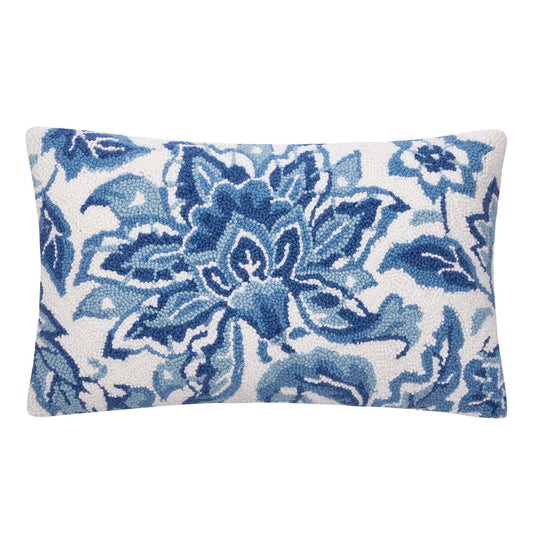 Jacobean Floral 20" x 12" Rectangular Hooked Wool Throw Pillow, Blue