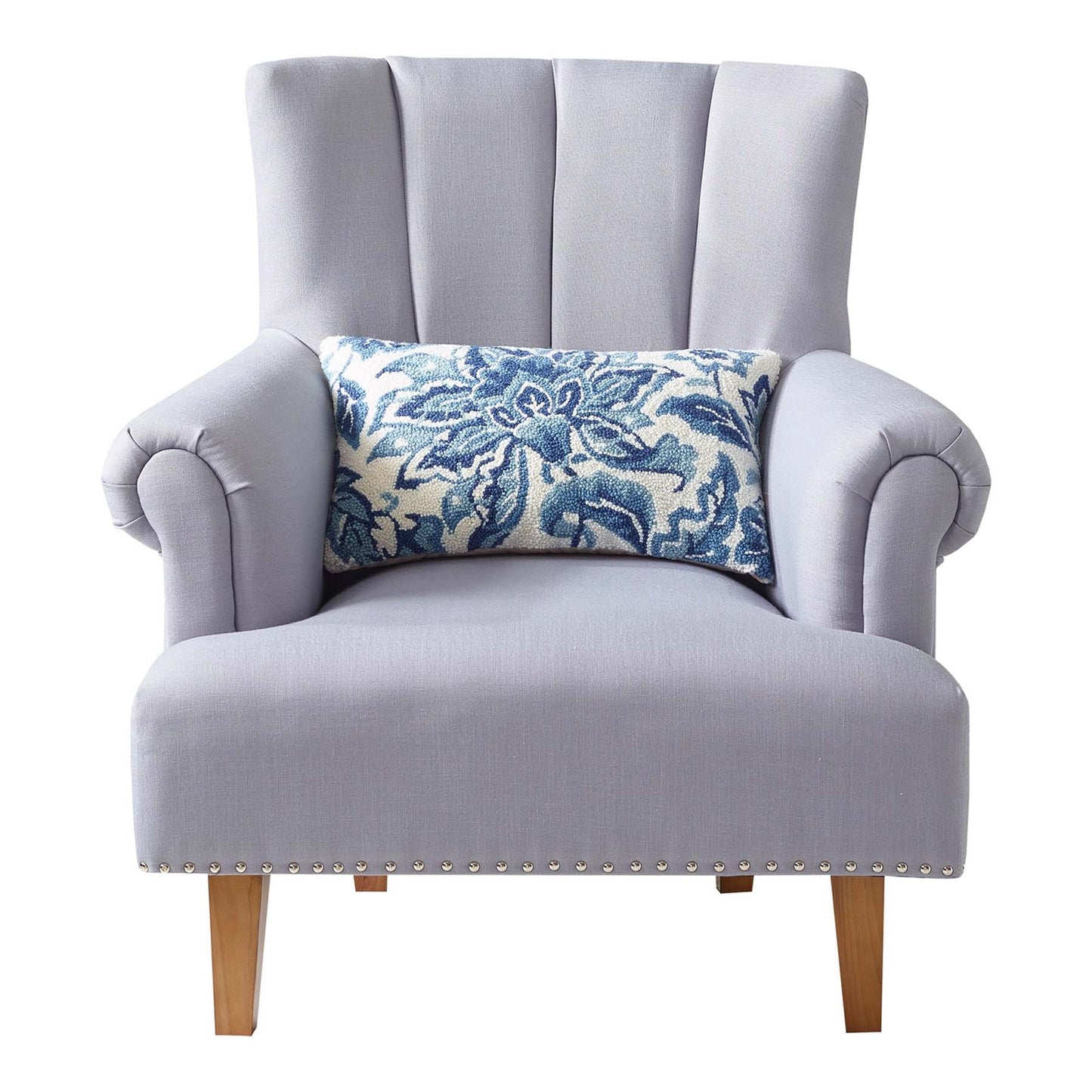 Jacobean Floral 20" x 12" Rectangular Hooked Wool Throw Pillow, Blue