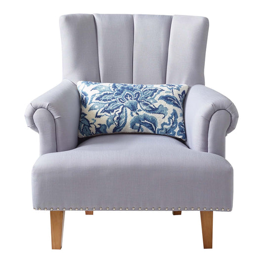 Jacobean Floral 20" x 12" Rectangular Hooked Wool Throw Pillow, Blue