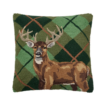 Deer Plaid 18" Square Hooked Wool Throw Pillow with Polyfill Insert