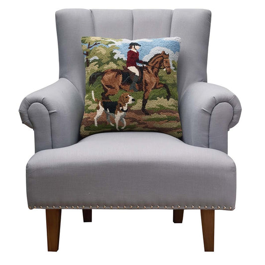 The Hunt Horse and Rider with Dog 18" Square Hooked Wool Throw Pillow