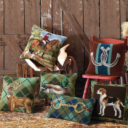 Foxhound Dog Tartan Plaid 18" Square Hooked Wool Throw Pillow, Brown Multi