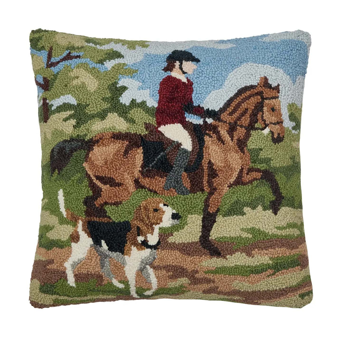 The Hunt Horse and Rider with Dog 18" Square Hooked Wool Throw Pillow