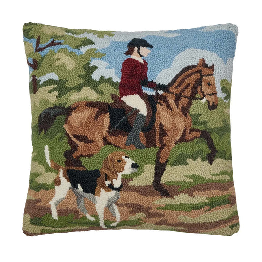The Hunt Horse and Rider with Dog 18" Square Hooked Wool Throw Pillow