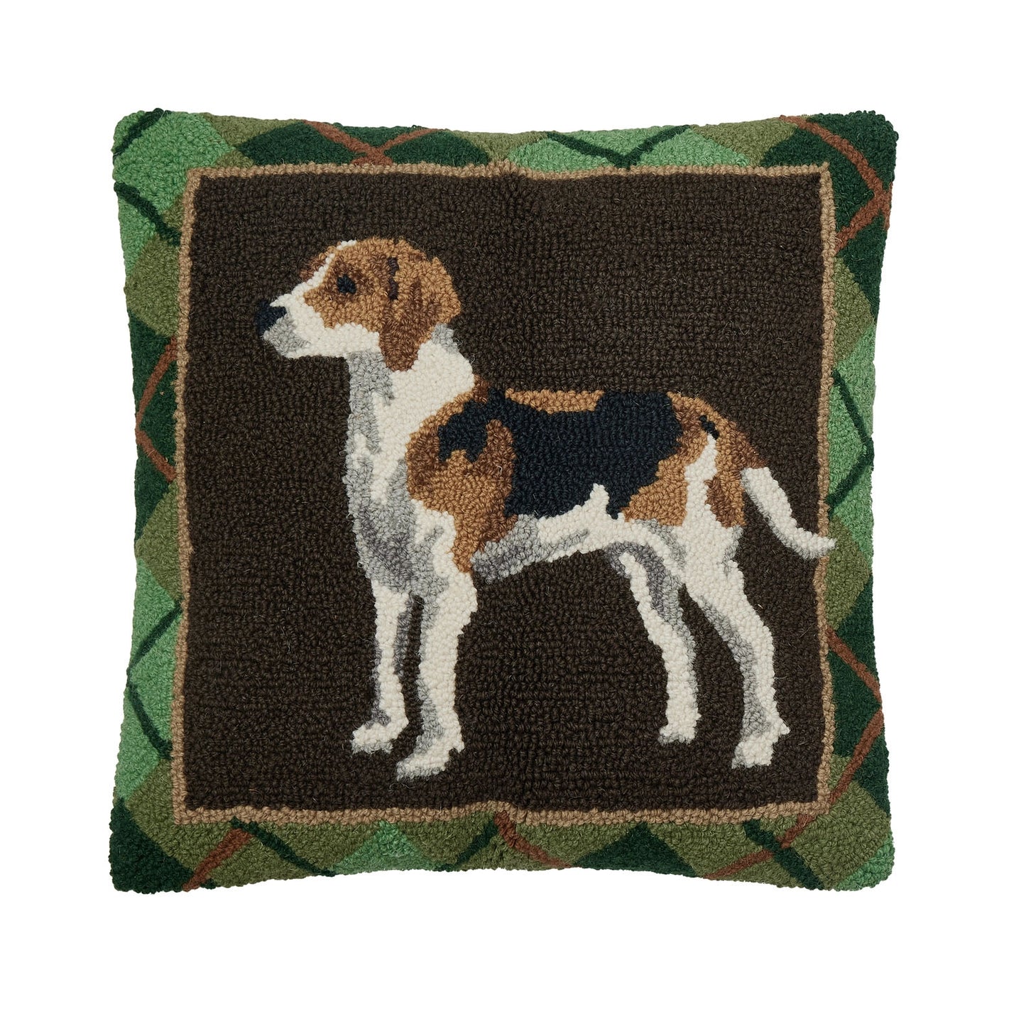 Foxhound Dog Tartan Plaid 18" Square Hooked Wool Throw Pillow, Brown Multi