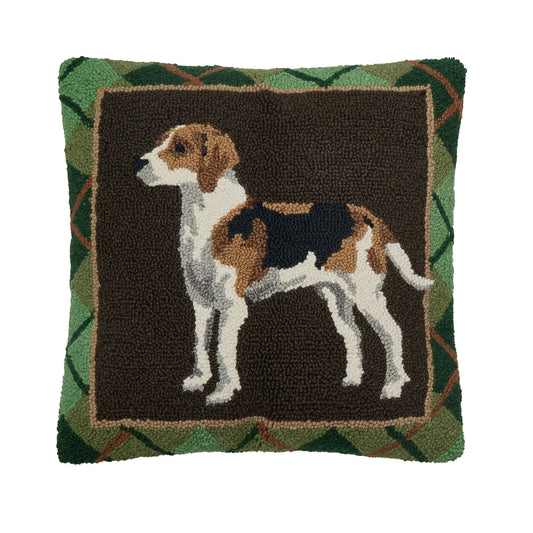 Foxhound Dog Tartan Plaid 18" Square Hooked Wool Throw Pillow, Brown Multi