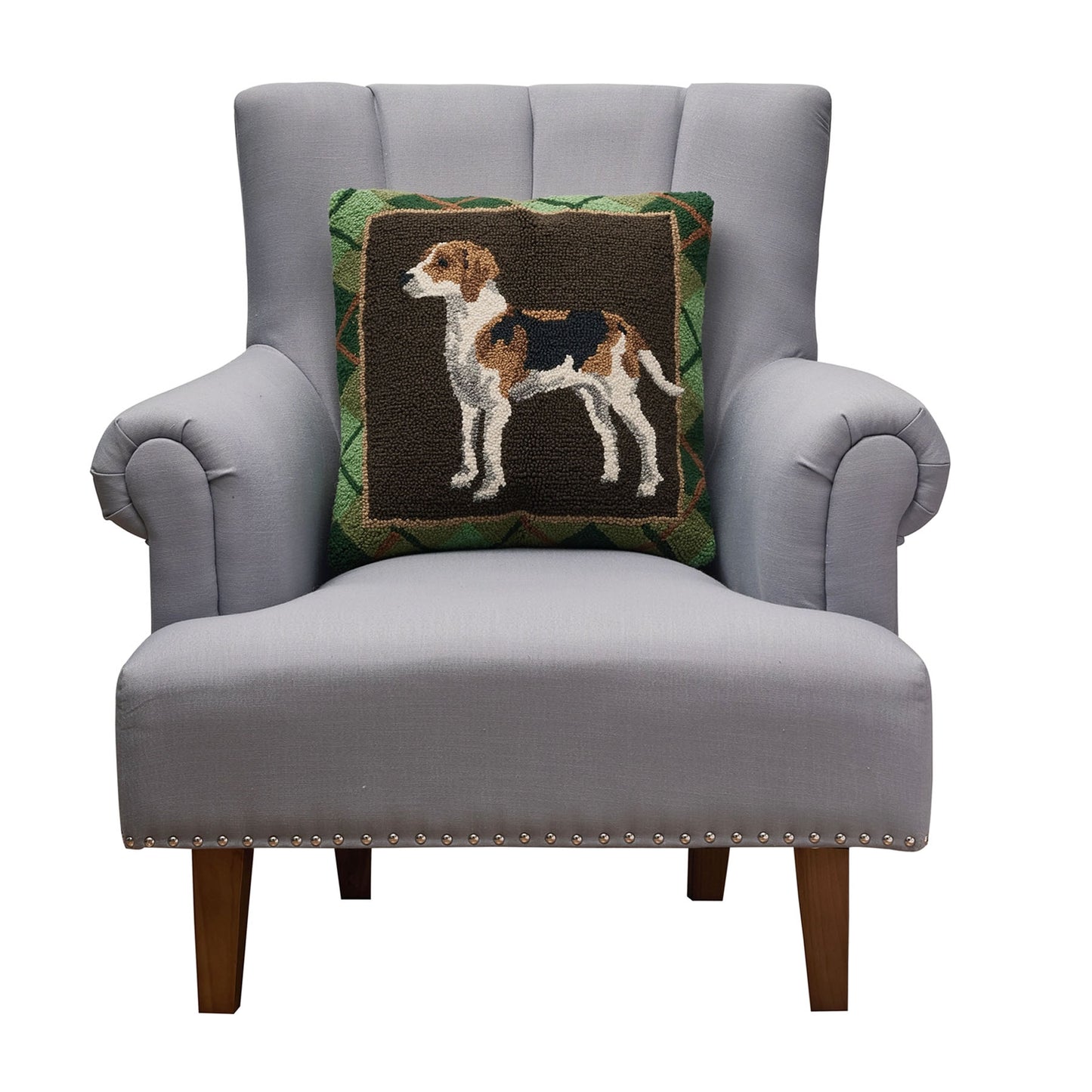 Foxhound Dog Tartan Plaid 18" Square Hooked Wool Throw Pillow, Brown Multi