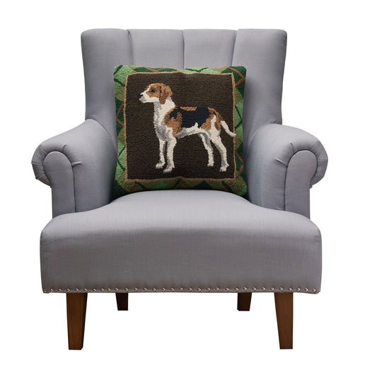 Foxhound Dog Tartan Plaid 18" Square Hooked Wool Throw Pillow, Brown Multi