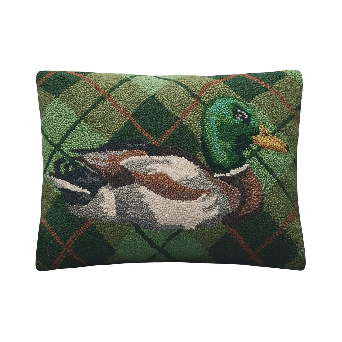 Mallard Duck Plaid 18" x 14" Hooked Wool Throw Pillow with Polyfill Insert
