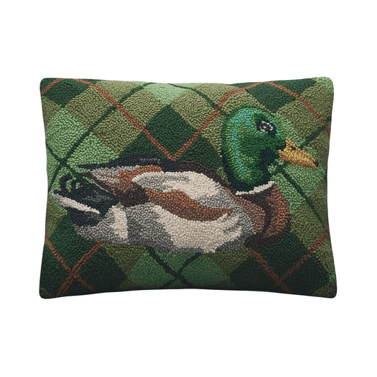 Mallard Duck Plaid 18" x 14" Hooked Wool Throw Pillow with Polyfill Insert