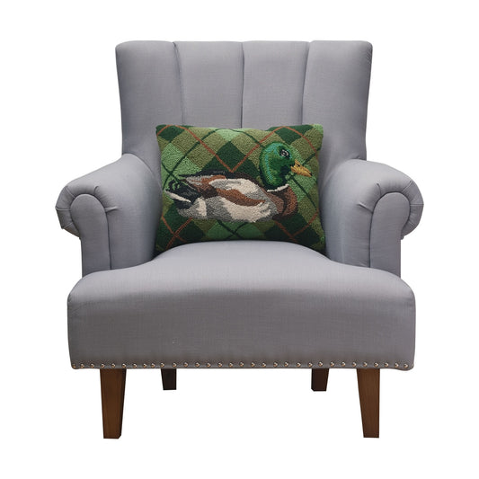 Mallard Duck Plaid 18" x 14" Hooked Wool Throw Pillow with Polyfill Insert