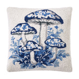 Blue Chinoiserie Mushrooms 18" Square Hooked Wool Throw Pillow with Polyfill Insert