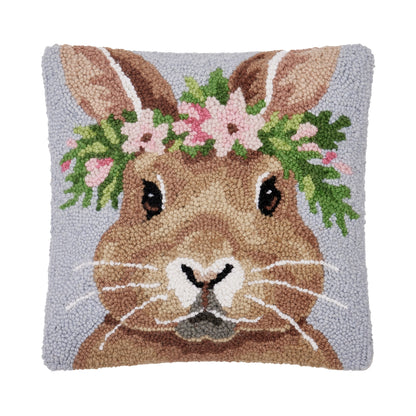 Bunny Rabbit with Floral Crown 12" Square Hooked Wool Throw Pillow with Polyfill Insert