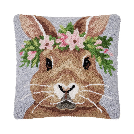 Bunny Rabbit with Floral Crown 12" Square Hooked Wool Throw Pillow with Polyfill Insert