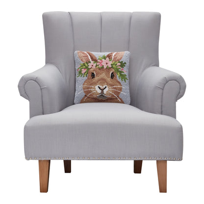 Bunny Rabbit with Floral Crown 12" Square Hooked Wool Throw Pillow with Polyfill Insert
