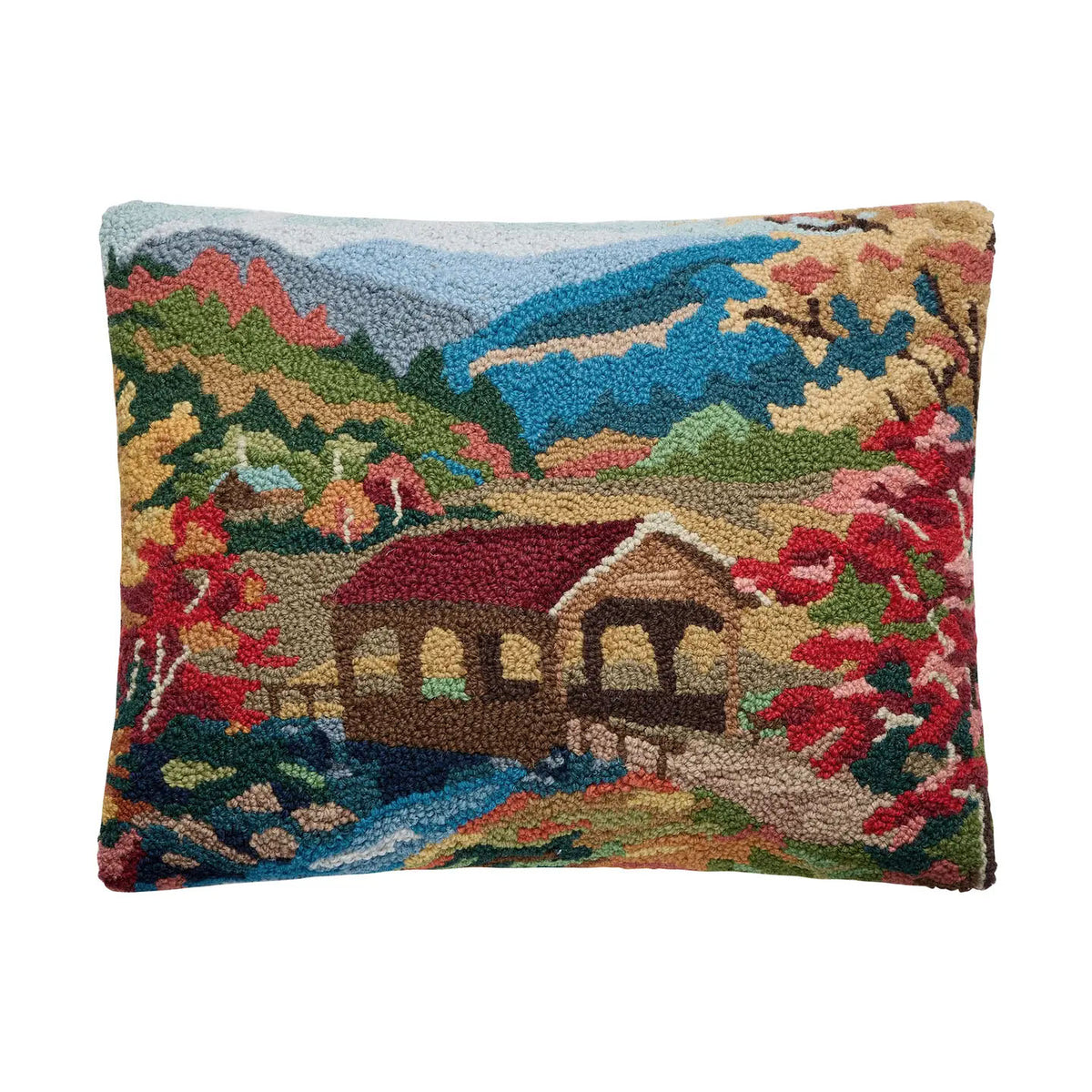 Covered Bridge Fall Country Scene 20" x 16" Hooked Wool Lumbar Throw Pillow