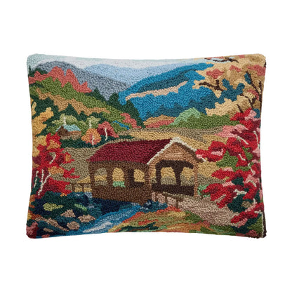 Covered Bridge Fall Country Scene 20" x 16" Hooked Wool Lumbar Throw Pillow