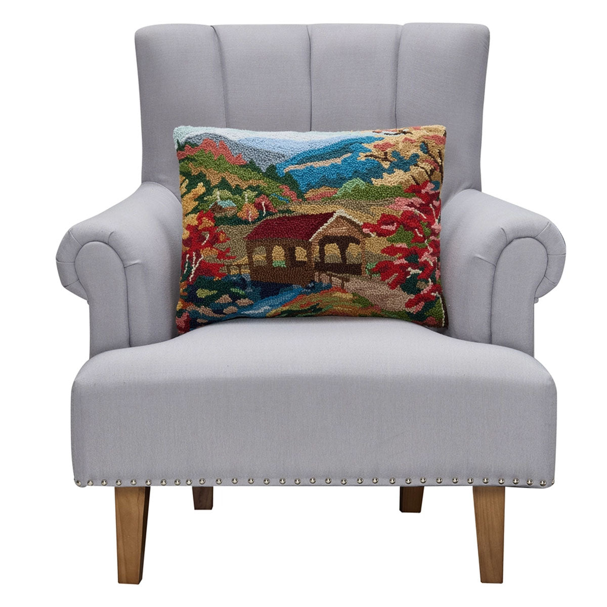 Covered Bridge Fall Country Scene 20" x 16" Hooked Wool Lumbar Throw Pillow