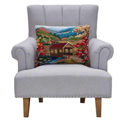Covered Bridge Fall Country Scene 20" x 16" Hooked Wool Lumbar Throw Pillow