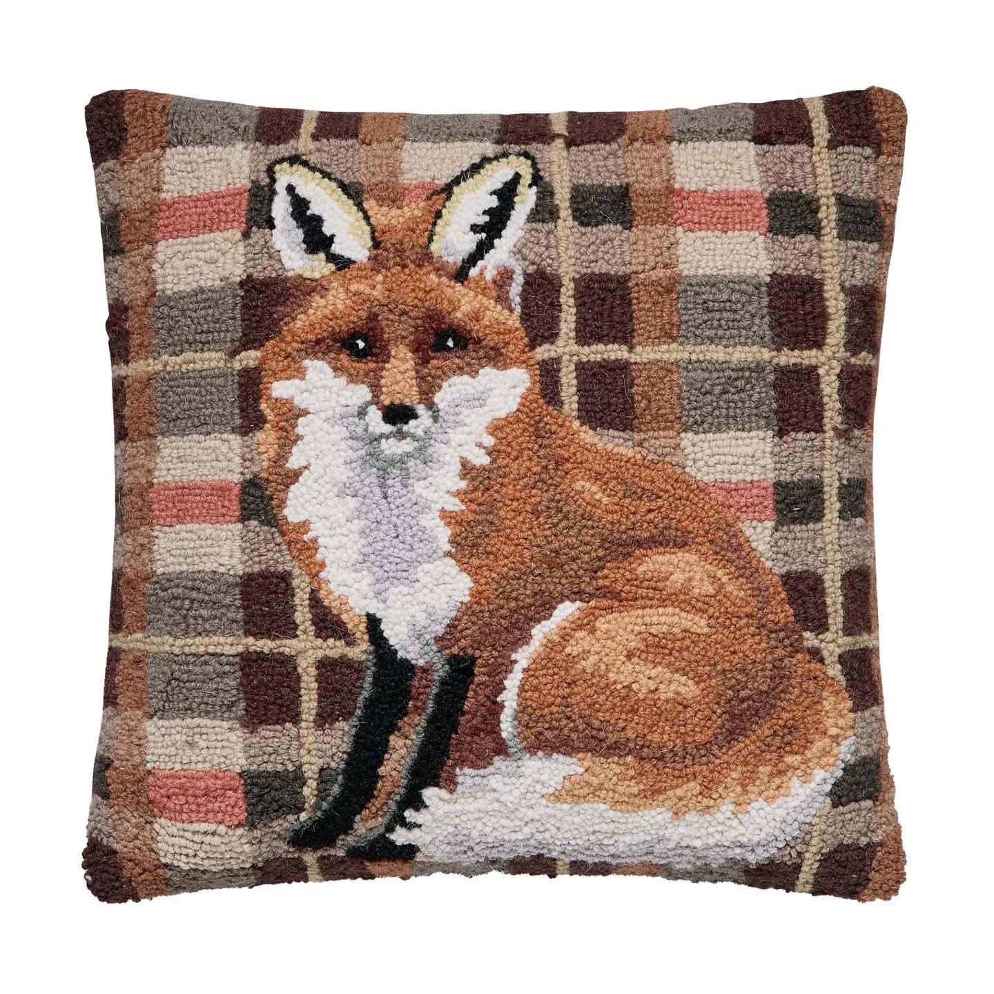 Fox Tartan Plaid 18" Square Hooked Wool Throw Pillow, Brown Multi