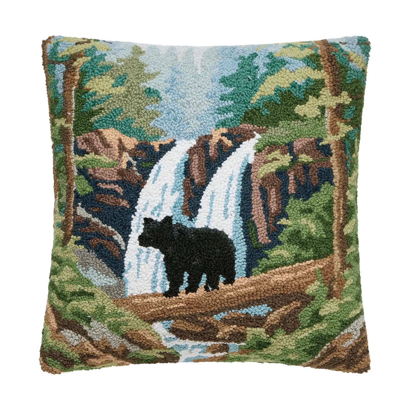 Forest Bear 18" Square Hooked Wool Throw Pillow