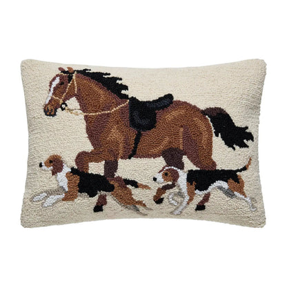 Horse and Dogs 20" x 14" Hooked Wool Lumbar Throw Pillow