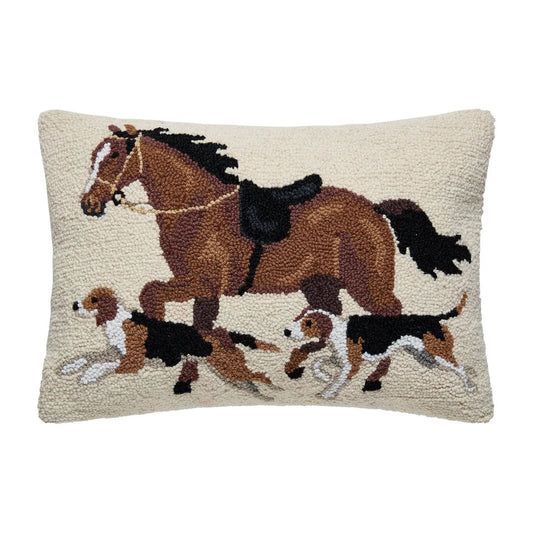 Horse and Dogs 20" x 14" Hooked Wool Lumbar Throw Pillow