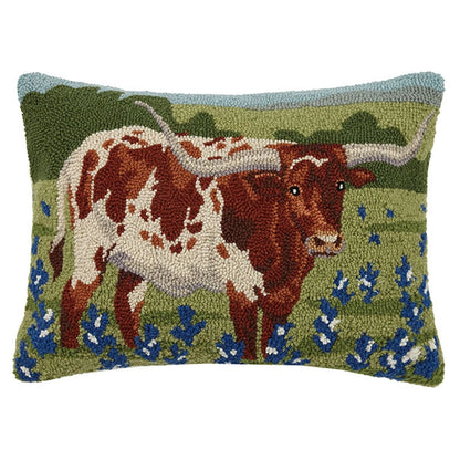 Texas Longhorn in Field of Bluebonnets 22" x 16" Hooked Wool Throw Pillow with Polyfill Insert