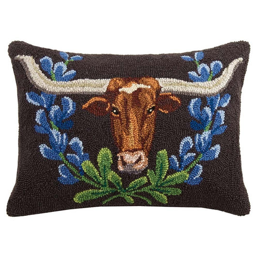 Texas Longhorn and Bluebonnets 22" x 16" Oblong Hooked Wool Throw Pillow