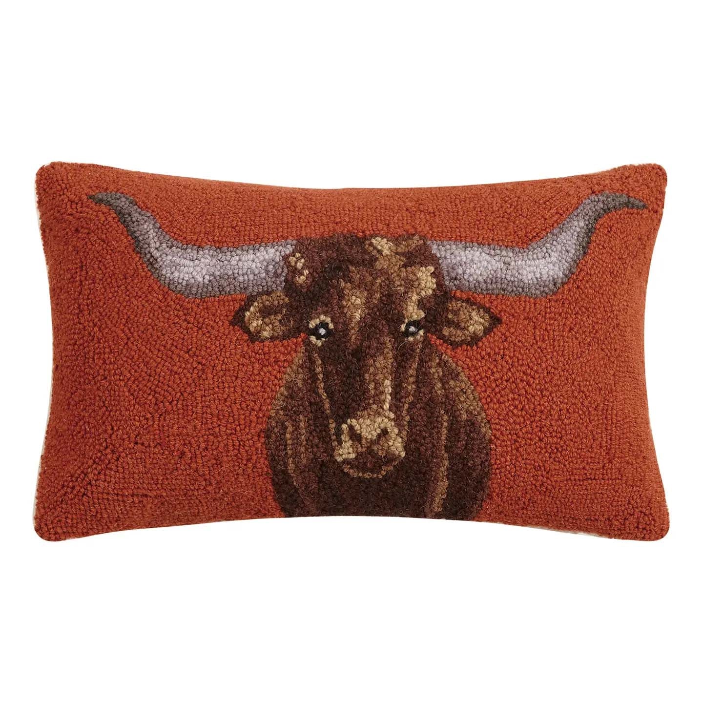 Longhorn Cow 20" x 12" Hooked Wool Throw Pillow