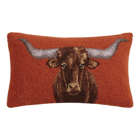 Longhorn Cow 20" x 12" Hooked Wool Throw Pillow