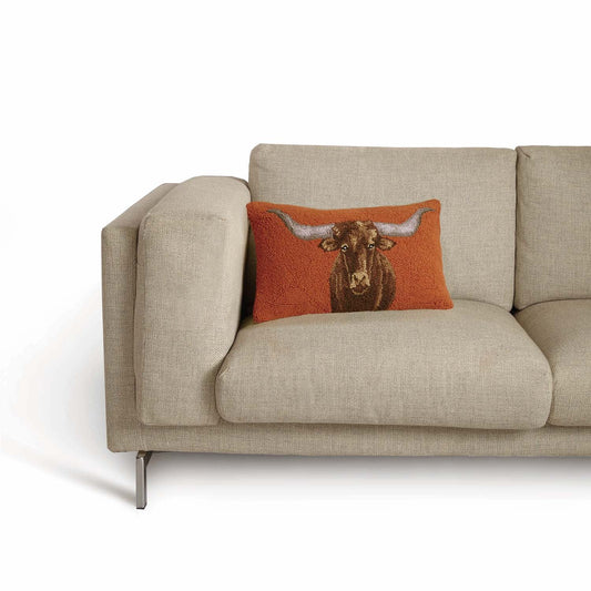 Longhorn Cow 20" x 12" Hooked Wool Throw Pillow