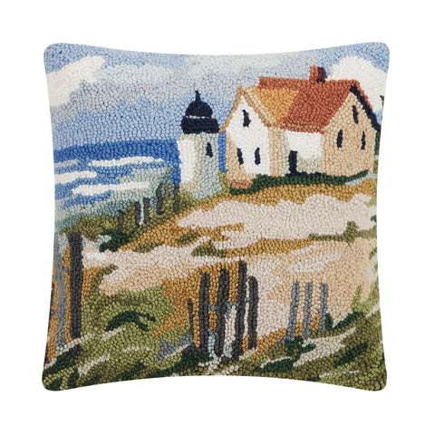 Peking Handicraft Seaside House 16" Square Hooked Wool Throw Pillow with Polyfill Insert
