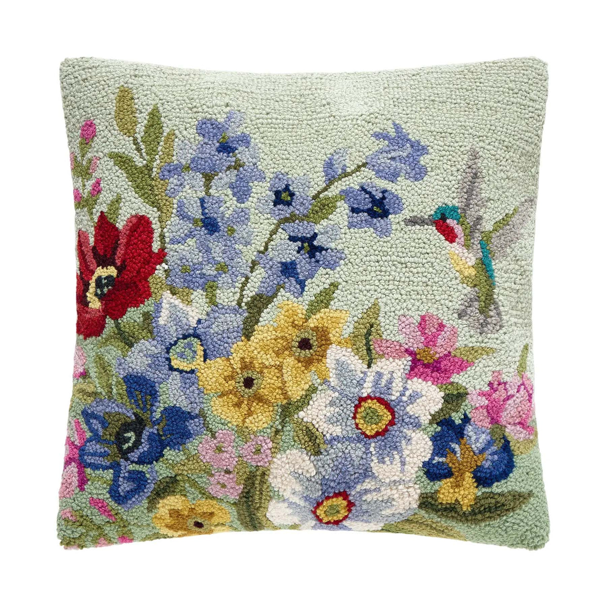 Flowers and Hummingbird 18" Square Hooked Wool Throw Pillow by Susan Winget