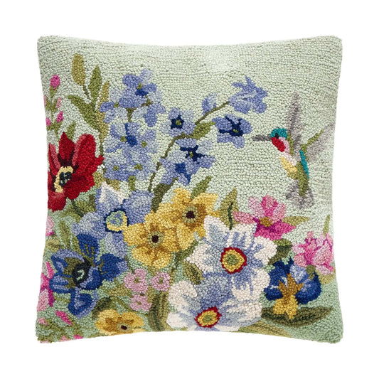 Flowers and Hummingbird 18" Square Hooked Wool Throw Pillow by Susan Winget