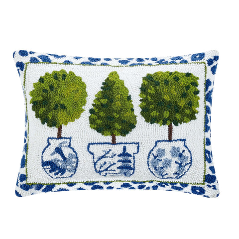 Topiaries with Leopard Print Border Hooked Wool 20" x 14" Throw Pillow with Polyfill Insert, Blue/White/Multi