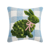 Bunny Topiary with Checks 16" Square Hooked Wool Throw Pillow with Polyfill Insert